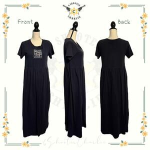 Women's OnQue Casual Navy Embroidered Maxi T-shirt House Dress Size Small Cotton
